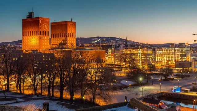 Timelapse Oslo city skyline during twilight in Norway