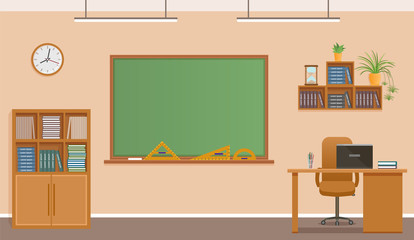 School classroom with chalkboard, clock and teacher's desk. School class room interior design.