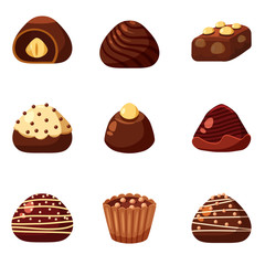 Set of colorful chocolate desserts and candies from boxes for special holidays, vector, isolated