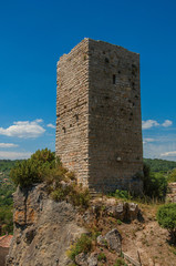 Fototapeta na wymiar Panoramic view of tower on top of hill with the Chateaudouble village underneath, a quiet and tourist village with medieval origin. Located in the Var department, Provence region, southeastern France