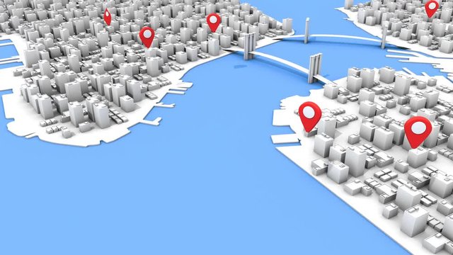 3D aerial map of New York City with location icons or pins popping up through out the city.