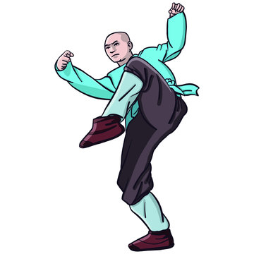 isolated vector comic shaolin monk in kung fu pose. traditional asian clothes