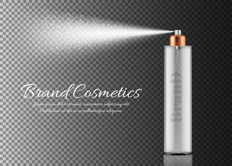 Vector realistic spray bottle isolated on transparent background. Container with sprayer for beauty product, body lotion, deodorant, facial freshener, perfume. Mockup for cosmetic brand promotion