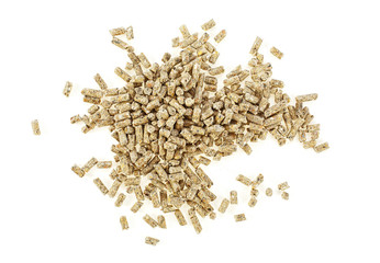 Pile of compound feed pellets isolated on a white background. Top view.