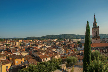 Fototapeta na wymiar View of the lively and gracious town of Draguignan from the hill of the clock tower, under the colorful light of the sunset. Located in the Var department, Provence region, southeastern France