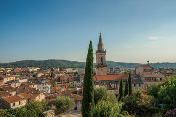 Fototapeta na wymiar View of the lively and gracious town of Draguignan from the hill of the clock tower, under the colorful light of the sunset. Located in the Var department, Provence region, southeastern France