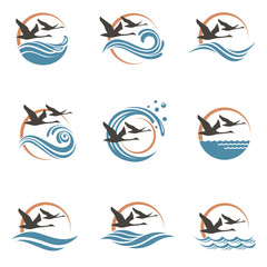 Naklejka premium abstract icon collection with swans, sun and waves