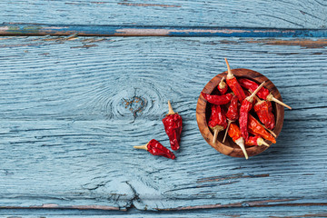 Red chili pepper on blue background
