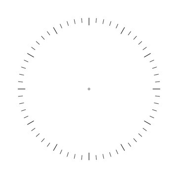 Clock face. Measuring circle scale. Measuring round scale, Level indicator, measurement acceleration, circular meter, round meter for household appliances. 12 large divisions, 60 medium. Vector AI10