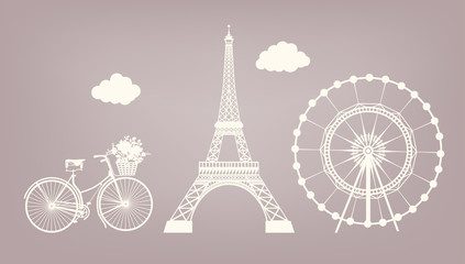 Fototapeta na wymiar Set, Bicycle, Eiffel tower, Ferris wheel