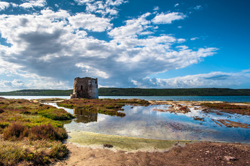 Fototapeta na wymiar Landscape with small old tower on the coast
