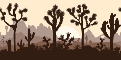 Fotobehang Desert seamless pattern with joshua trees, opuntia, and saguaro © Toltemara