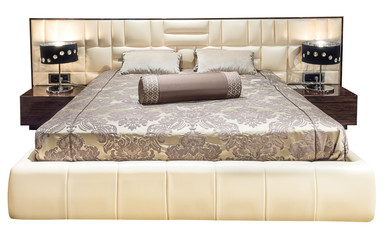 Luxury gray beige modern bed furniture with patterned bed with leather upholstery headboard . Soft...