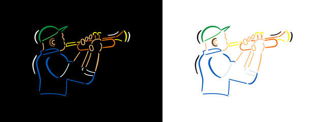 Jazz musician illustration in line art style on black background and white background. Jazzman color vector line art illustration.