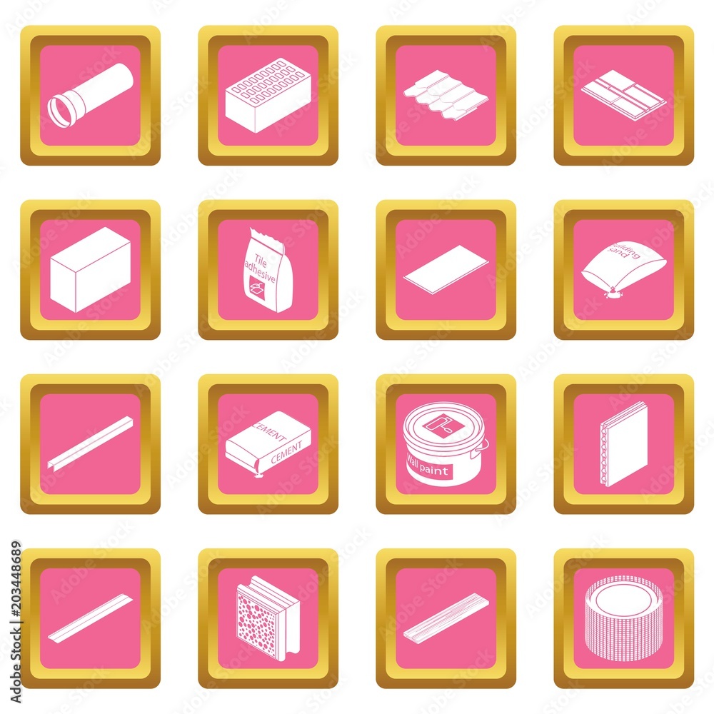 Poster building materials icons set vector pink square isolated on white background