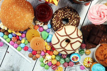 Unhealthy products. food bad for figure, skin, heart and teeth.