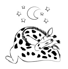 Cute baby giraffe sleeping with a plush and a pacifier for celebrating new birth - Hand drawn monochrome vector illustration isolated on white background for children and baby concepts