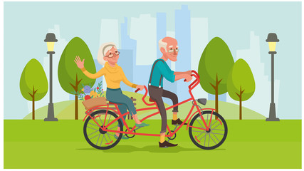 grandma and grandpa are riding a bike