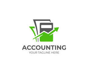 Bookkeeping logo template. Accounting vector design. Calculator with arrow and documents logotype