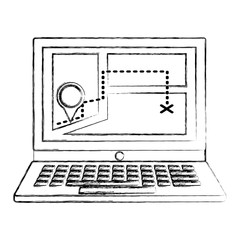 laptop with position gps navigation route vector illustration sketch