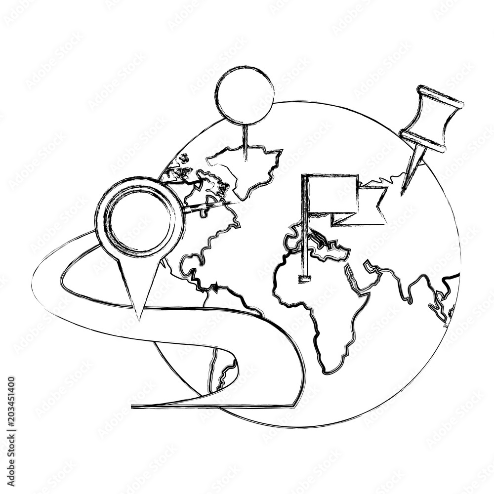 Poster global map gps navigation route flag pointer pin vector illustration sketch