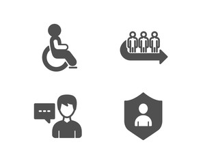 Set of Queue, Disabled and Person talk icons. Security sign. People waiting, Handicapped wheelchair, Communication message. Private protection.  Quality design elements. Classic style. Vector