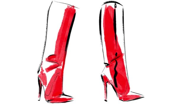 These boots are made for walking, short watercolor style animation clip of two red high heel boots in a walking motion.