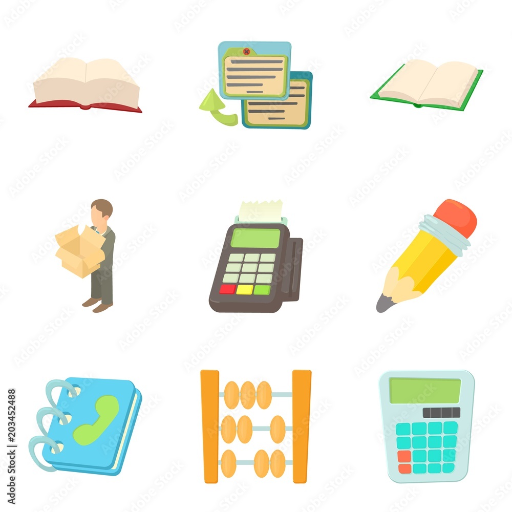 Poster desktop environment icons set. cartoon set of 9 work environment vector icons for web isolated on wh