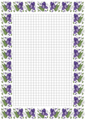 Page for notebooks.Floral ornament.Violet Irises. Notebooks, decals, diary, cards, school accessories. 