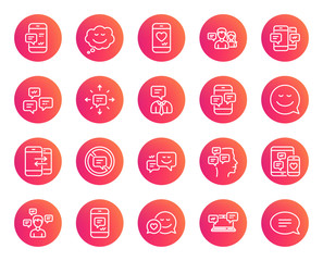 Message and Communication icons. Group chat, Conversation and Speech bubbles signs. SMS, Phone alert and Stop talking symbols. Trendy gradient circle buttons. Quality design elements. Vector