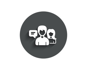 People talking simple icon. Conversation sign. Communication speech bubbles symbol. Circle flat button with shadow. Vector