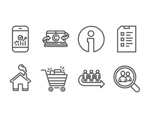 Set of Shopping cart, Checklist and Queue icons. Smartphone statistics, Copywriting notebook and Search employees signs. Gifts, Data list, People waiting. Vector