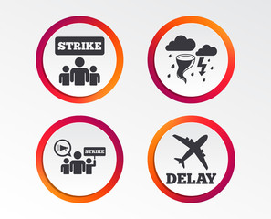Strike icon. Storm bad weather and group of people signs. Delayed flight symbol. Infographic design buttons. Circle templates. Vector