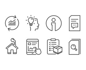 Set of Internet report, Idea and Parcel checklist icons. Comments, Update data and Search files signs. Web tutorial, Professional job, Logistics check. Vector