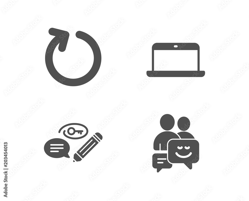 Poster set of laptop, keywords and loop icons. communication sign. mobile computer, pencil with key, refres