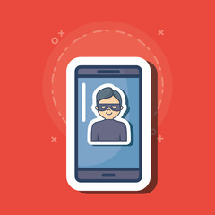 cyber security design with smartphone and cartoon hacker on screen over red background, colorful design. vector illustration