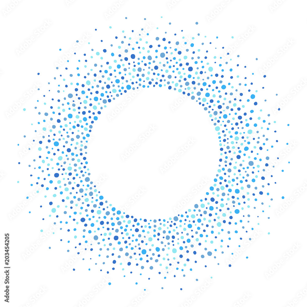 Poster round dots frame with empty space for your text. circle shape. radial frame, border made of blue une