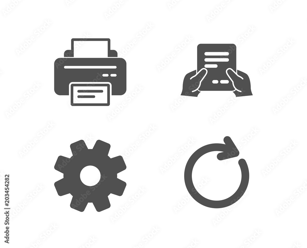 Aufkleber set of printer, service and receive file icons. synchronize sign. printing device, cogwheel gear, ho