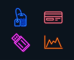 Neon lights. Set of Credit card, Usb flash and Tea bag icons. Diagram sign. Card payment, Memory stick, Brew hot drink. Growth graph.  Glowing graphic designs. Vector