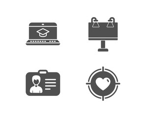 Set of Identification card, Website education and Road banner icons. Valentine target sign. Person document, Video learning, Advertisement. Heart in aim.  Quality design elements. Classic style