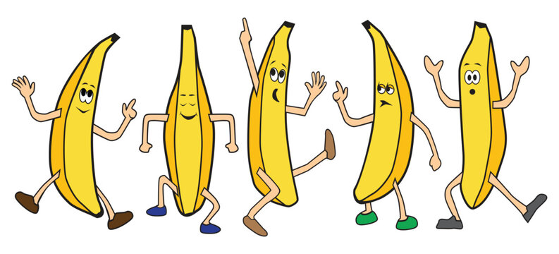 Five cartoon bananas are dancing the night away