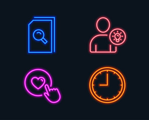 Neon lights. Set of Search files, User idea and Like button icons. Time sign. Magnifying glass, Light bulb, Press love. Office clock.  Glowing graphic designs. Vector