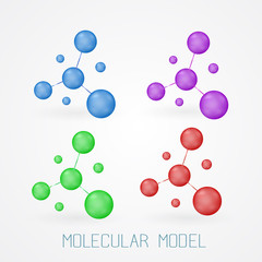 Molecular model vector illustration set, chemical or biology sciences symbol visualization. Natural bright colorf spheres structure as a sign of genetic experiments, crystal lattice or drug synthesis.