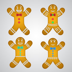 Gingerbread men Christmas cookie set isolated on white, decorated with different kind of glaze. Cute decorative traditional vector dessert for cheerful mood. Sweet funny biscuit.