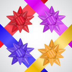 Paper origami bow knot with ribbon vector set isolated on white. Foil surface paper for present package. Decorative elements for sertificates, banners, gift card templates.