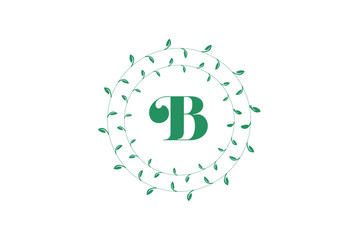  Letter B logo with round green leaves. Elegant floral monogram template design.