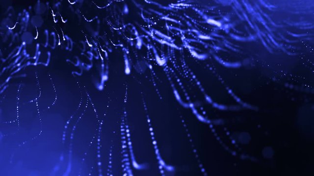 3d render of luminous particles as science fiction background or modern abstract blue background of particles with depth of field and bokeh like vj loop. Particles form line and string structure. 12
