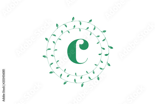 Letter C Logo With Round Green Leaves Elegant Floral Monogram