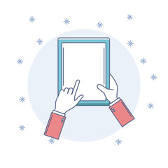 Hands using tablet on round icon cartoon round icon cartoon vector illustration graphic design