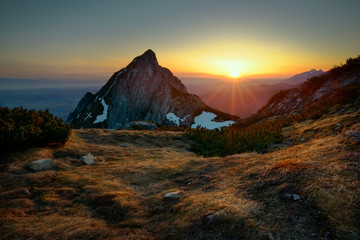 Naklejka premium Sunrise at Giewont peak. Tatra mountain